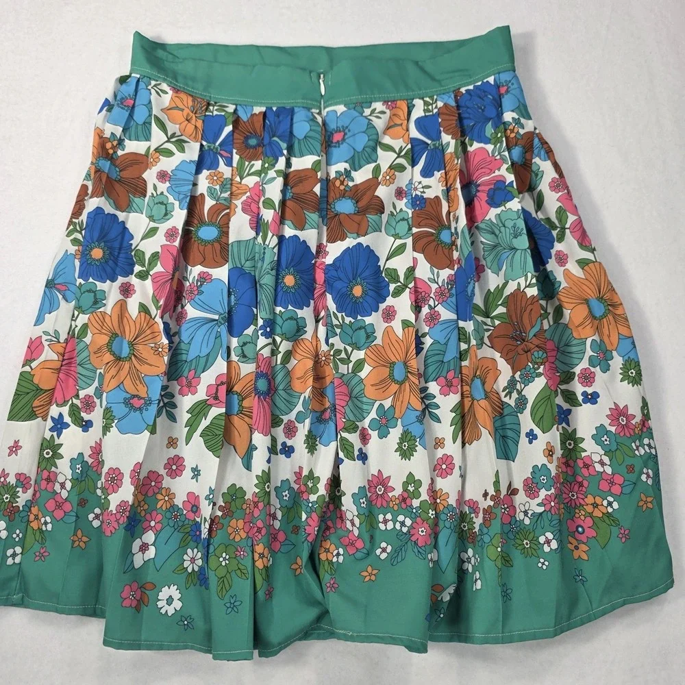 Retro 60's 70's Style Pleated Floral Border Skirt‎ Mod Flower Power Midi Skirt L